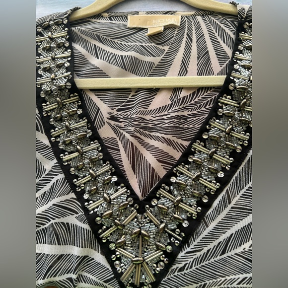 MICHAEL KORS Palm Print Sheer Embellished V Neck Top Size XL - Picture 3 of 10